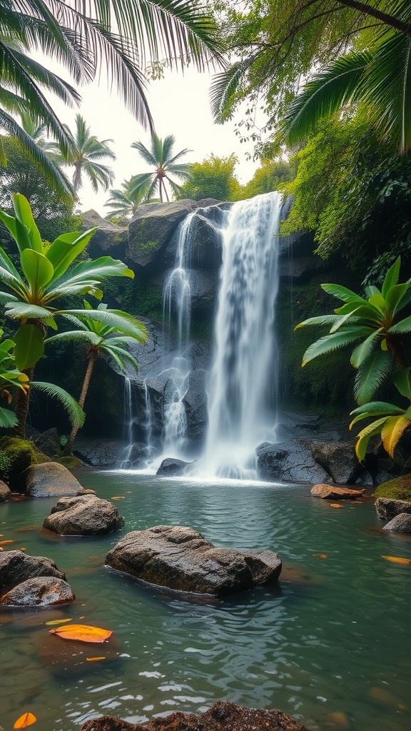 A beautiful waterfall surrounded by lush tropical plants.