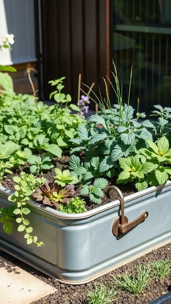 A metal trough filled with various green plants and herbs.