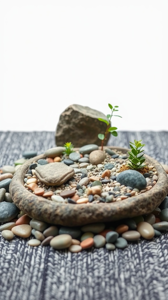 A small Zen rock garden with pebbles, stones, and tiny plants.