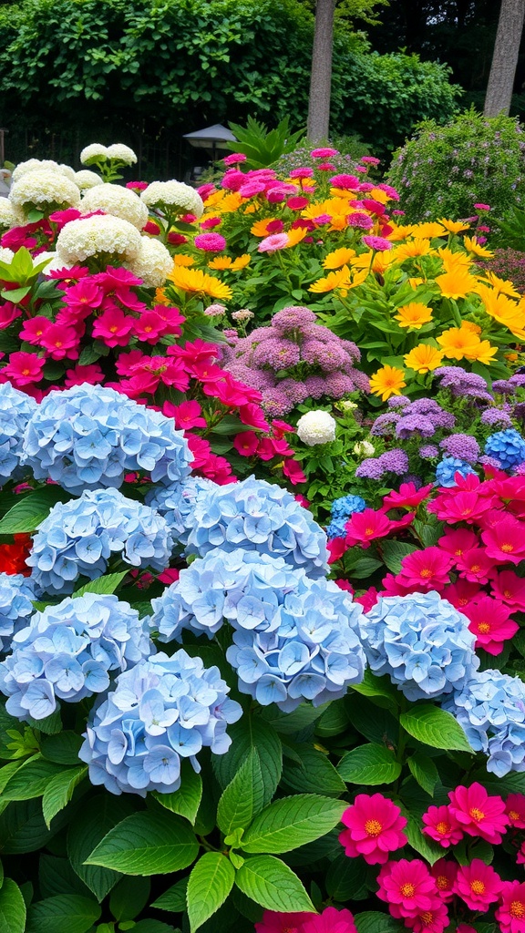 A colorful garden featuring blue hydrangeas mixed with various perennials.