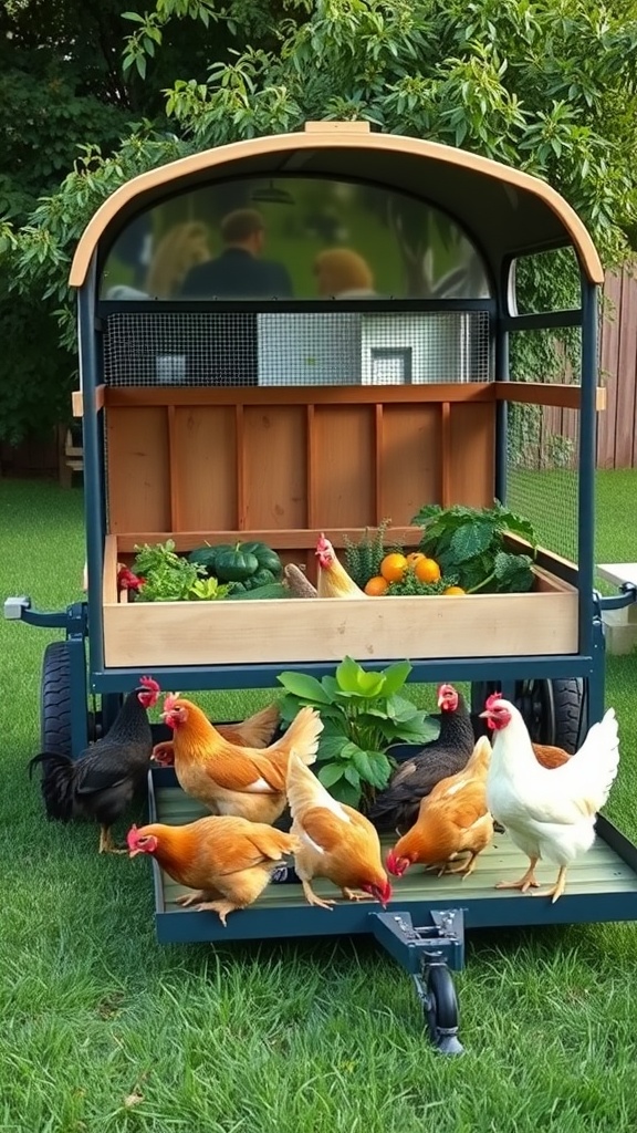 A mobile chicken tractor with chickens and garden produce.