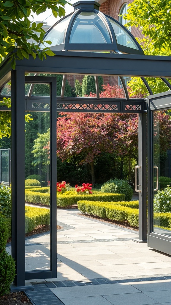 A modern metal gazebo with clear panels surrounded by lush greenery and colorful flowers.