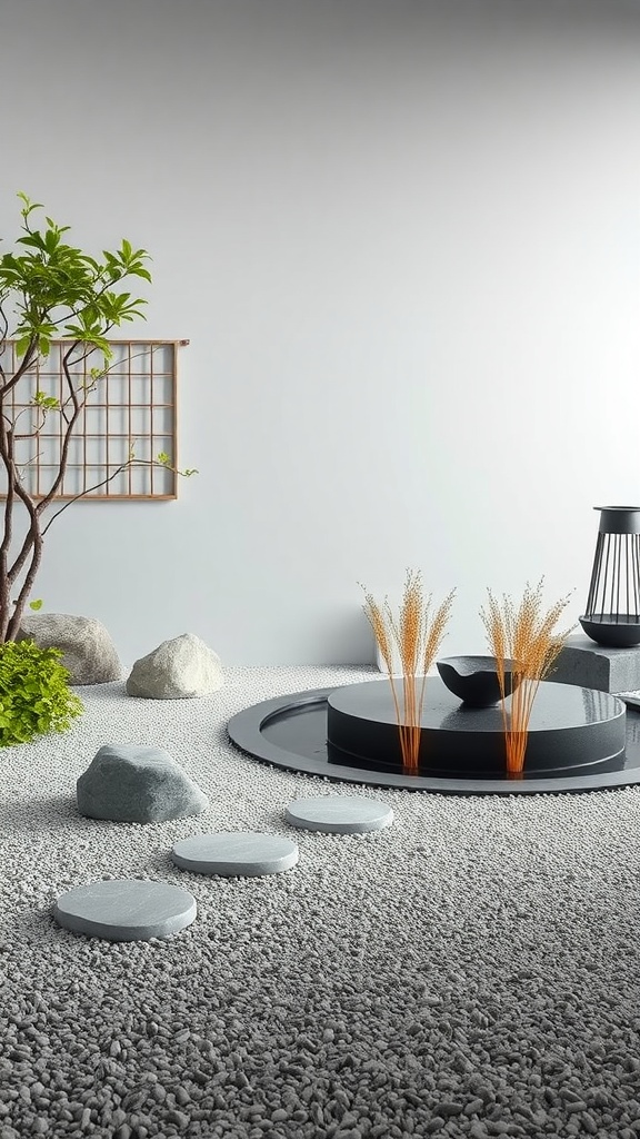 A serene modern minimalist Zen garden featuring stones, a small tree, and a water element.