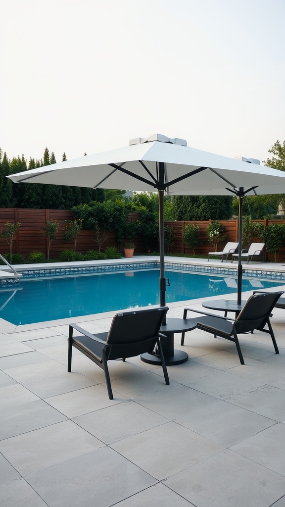 Modern outdoor furniture setup by an above-ground pool with lounge chairs and umbrellas.