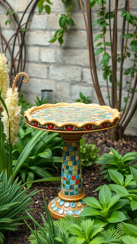 A colorful mosaic birdbath surrounded by green plants in a garden setting.