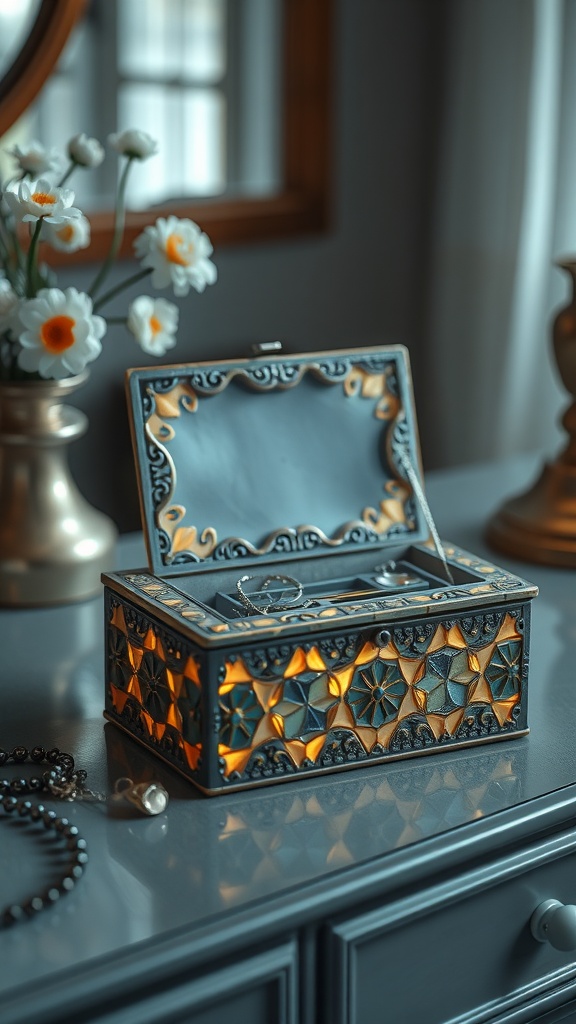 A mosaic jewelry box with intricate designs and warm colors, placed on a table with decorative flowers and a cozy atmosphere.