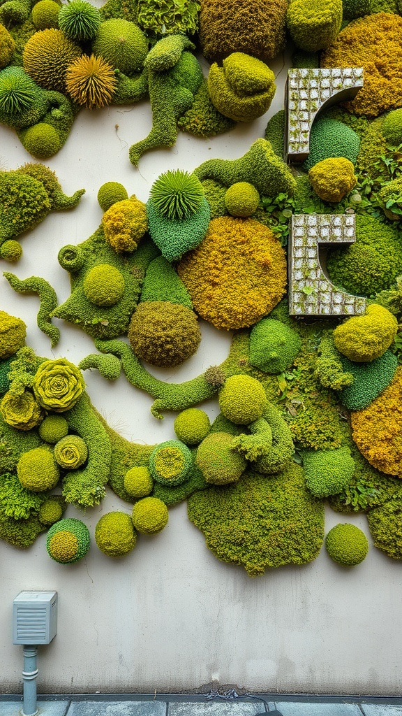 A vibrant moss wall art installation featuring various green textures and shapes.