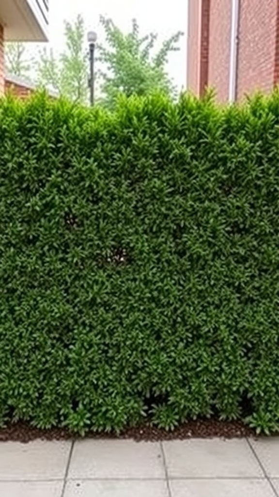 A dense green hedge providing privacy in a yard.