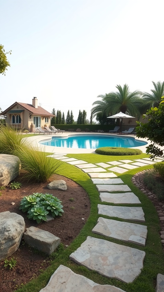 A natural stone pathway winding through lush greenery toward a beautiful pool.