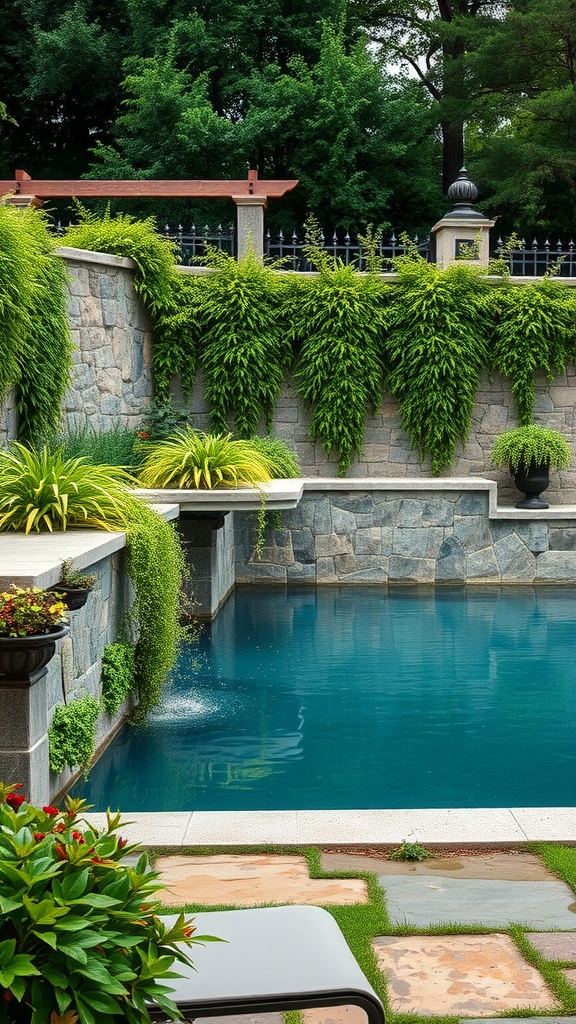 A serene backyard with a natural stone retaining wall surrounding an above-ground pool, featuring lush greenery and colorful plants.