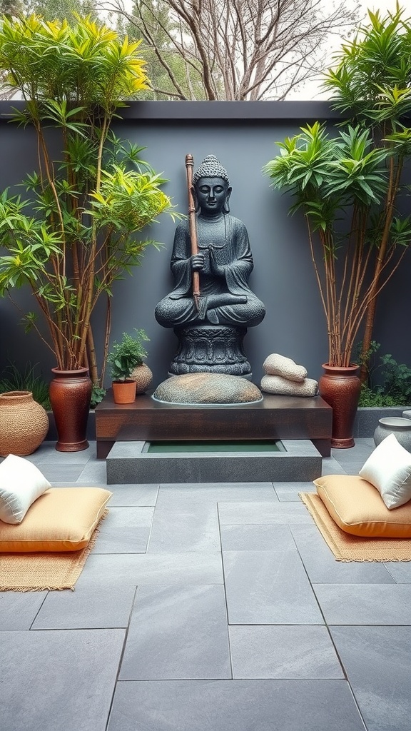 A serene outdoor space featuring a Buddha statue surrounded by lush greenery and cozy cushions.