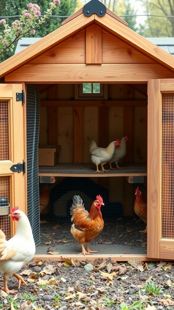 A cozy wooden chicken coop with chickens in and around it, showing a nested design for easy egg collection.