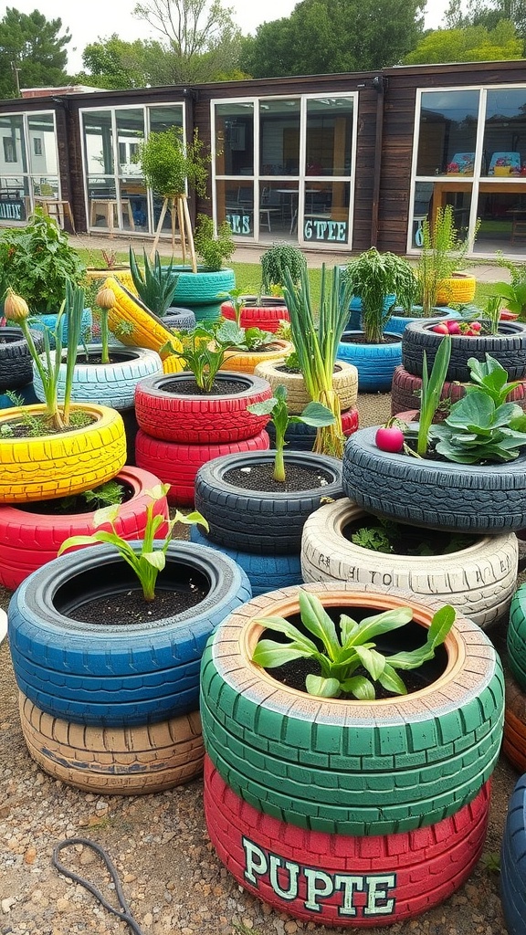 Colorful old tires used as unique planters for vegetables in a garden.