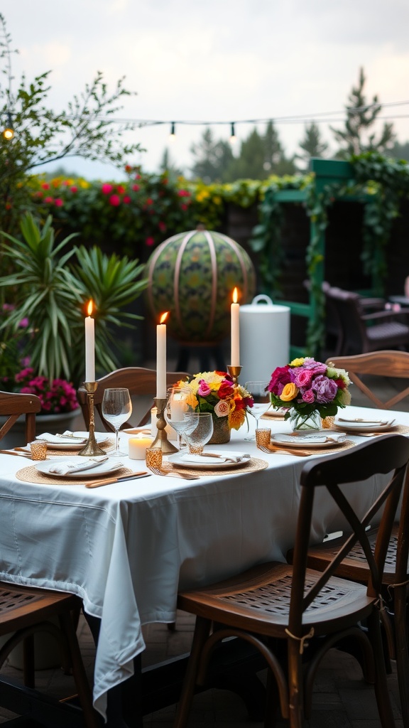 A beautifully set outdoor dining table with flowers and candles.