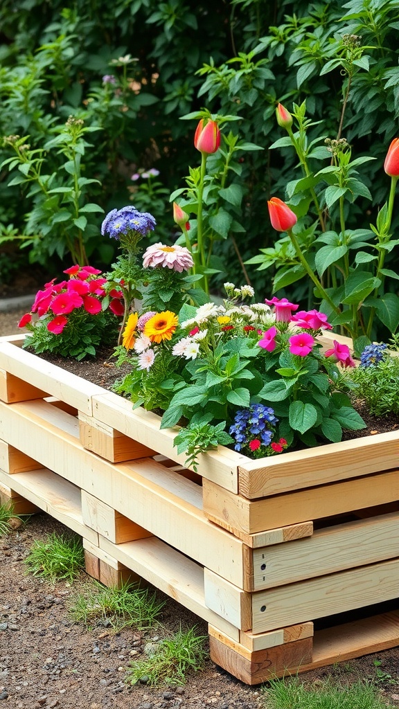 A wooden pallet garden bed filled with colorful flowers