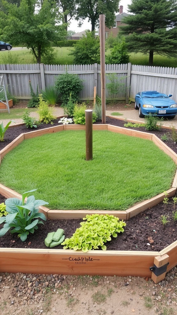 An octagonal raised garden bed filled with grass at the center and various vegetables around the edges.