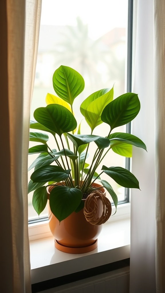 A healthy Philodendron plant in an orange pot next to a window