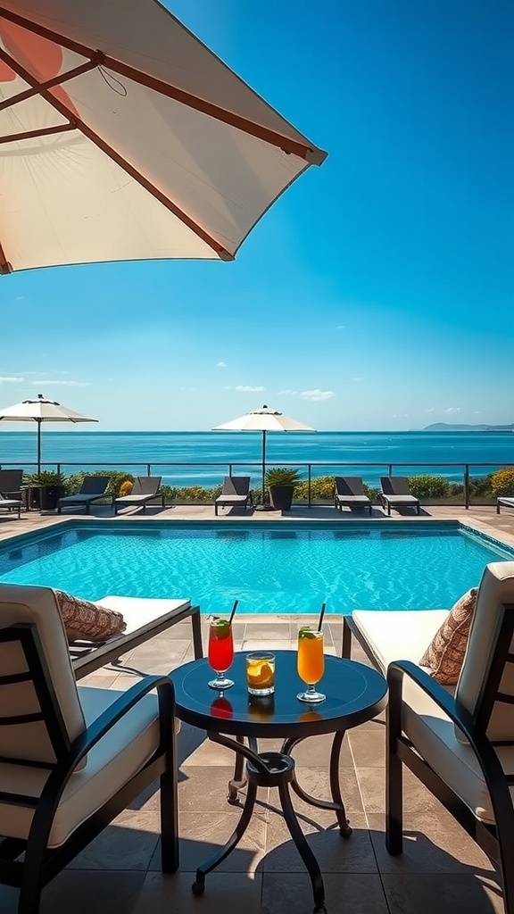 A beautiful poolside area with loungers, umbrellas, and colorful drinks on a table