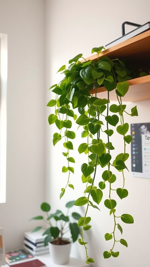 A Pothos plant cascading from a shelf, with heart-shaped leaves and a second plant in a pot on the table below.