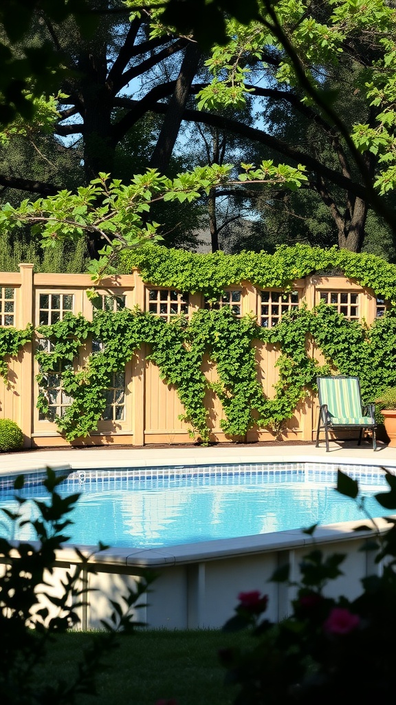 A wooden privacy fence covered in climbing vines surrounding an above-ground pool.