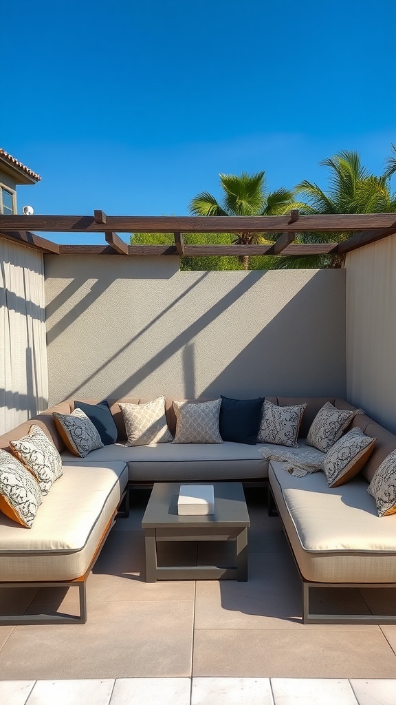 A cozy outdoor seating area with plush cushions and a small table, surrounded by palm trees and blue sky.