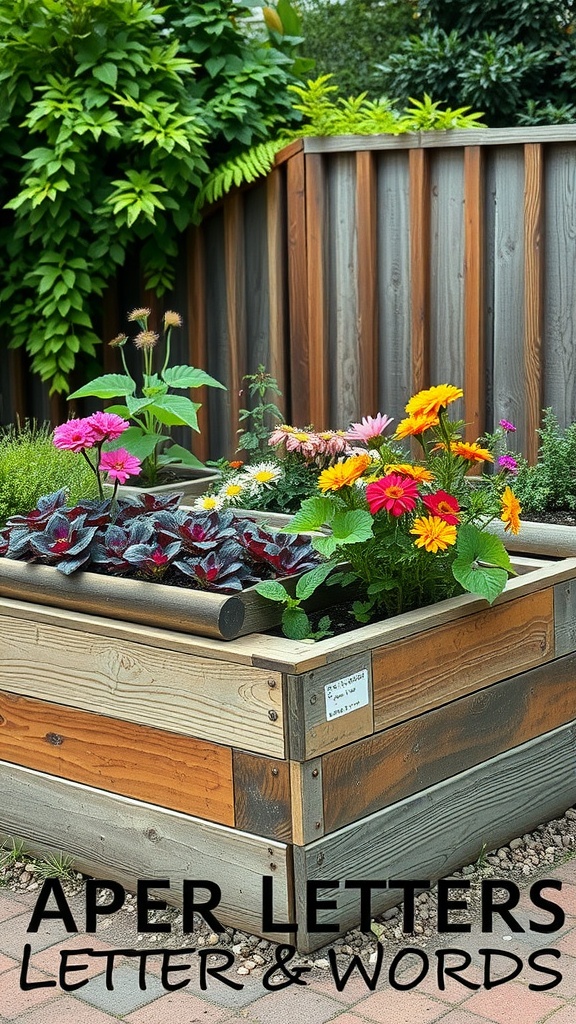 Reclaimed wood garden bed filled with colorful flowers and greenery.