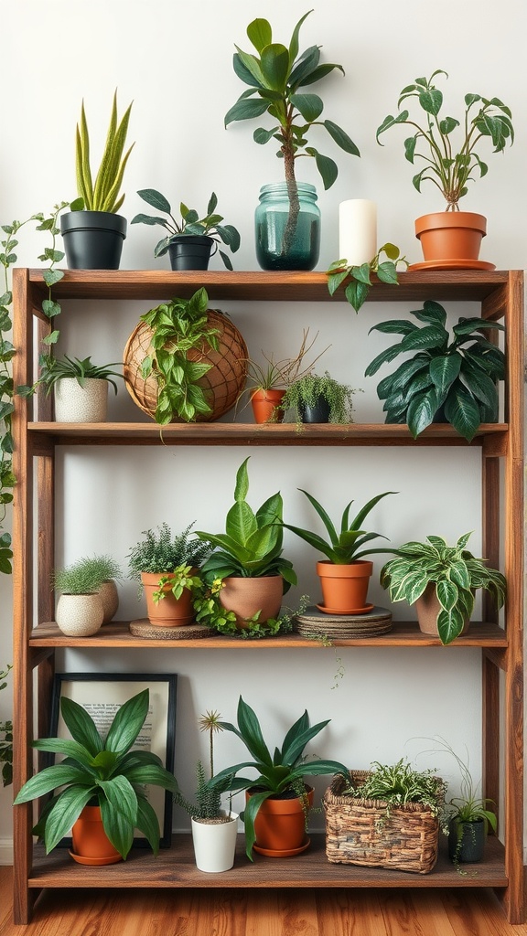 Reclaimed wood plant shelf filled with various indoor plants.