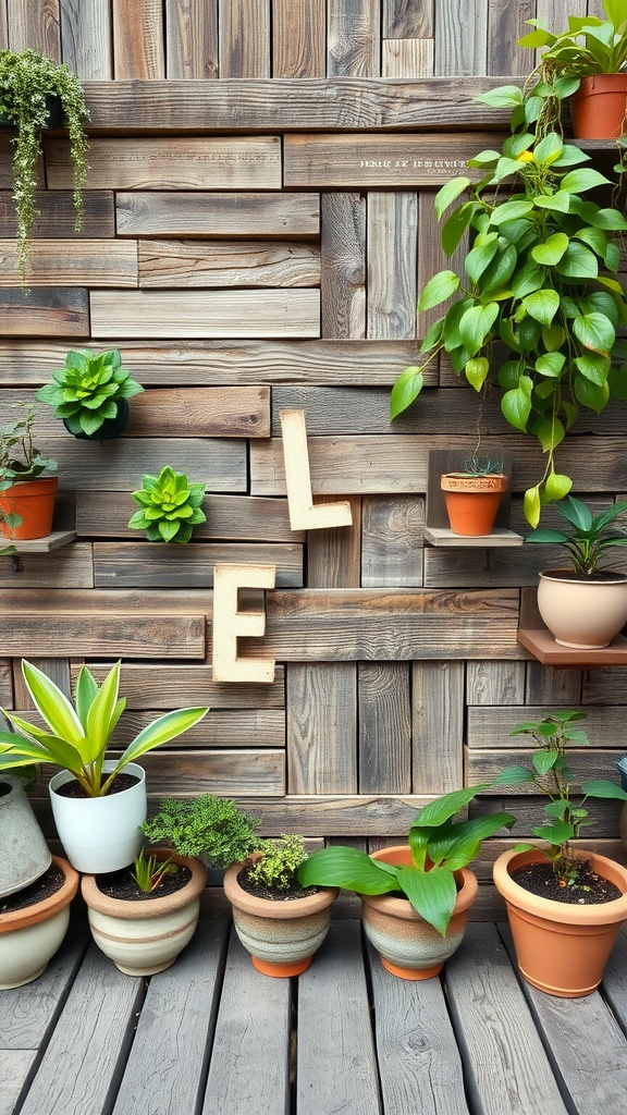 A reclaimed wood wall displaying various potted plants in a cozy indoor setting.