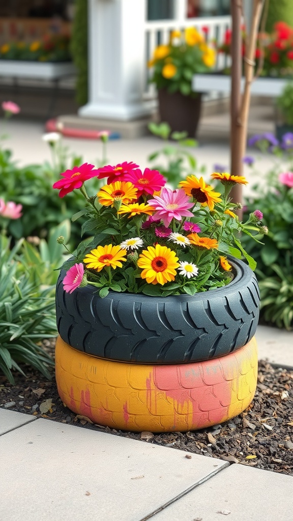 A colorful planter box made from stacked recycled tires filled with vibrant flowers.