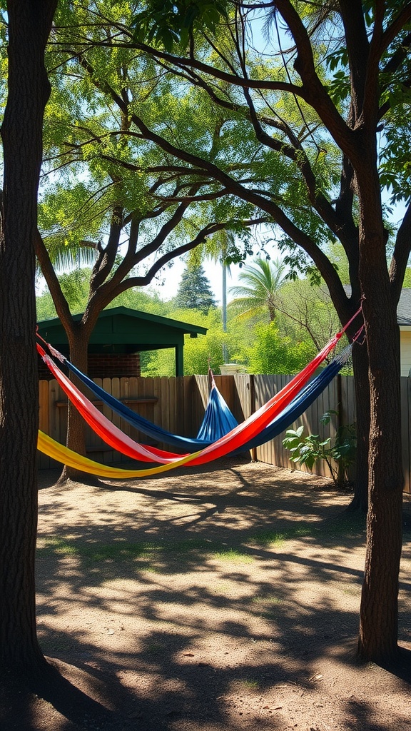 A vibrant hammock set up between trees in a shaded backyard, creating a cozy and inviting space.