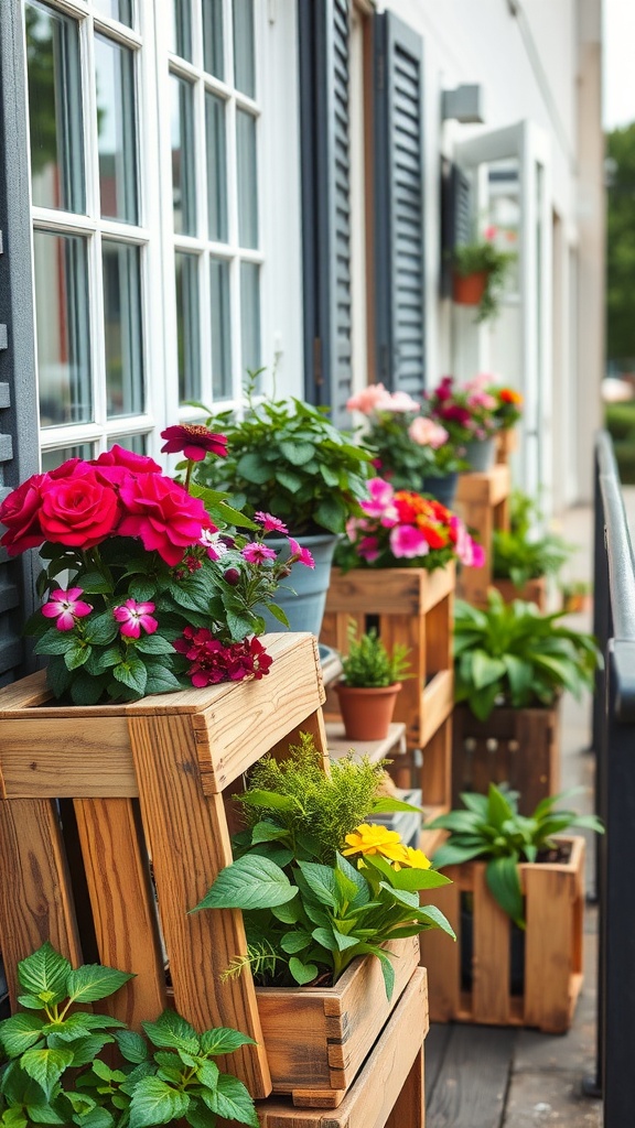 Colorful flowers planted in wooden crates on a balcony