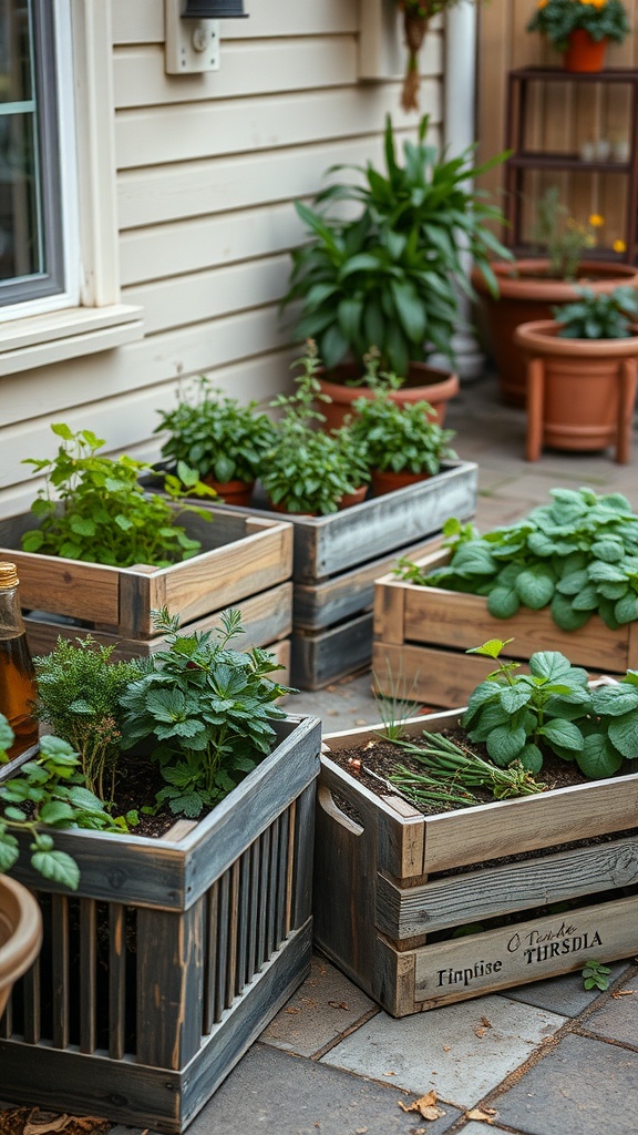 Wooden crates filled with various plants in a charming garden setting