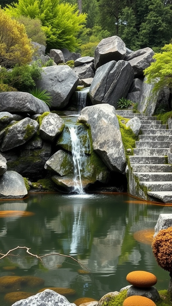 Rock waterfall cascading into a tranquil reflecting pool surrounded by lush greenery.