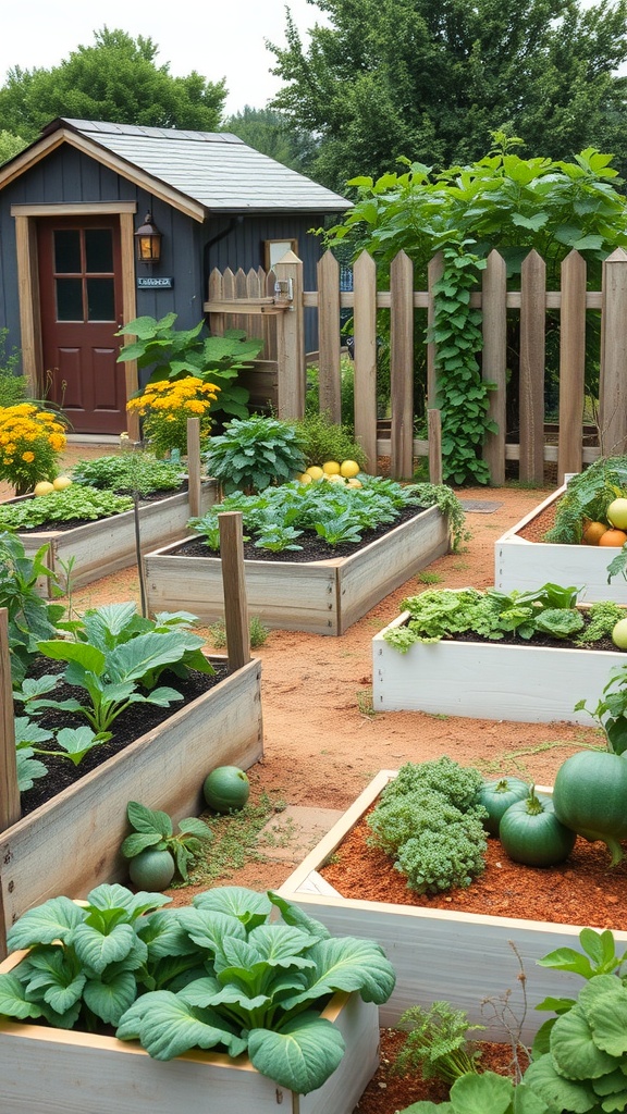 A rustic vegetable garden with raised beds, a wooden fence, and a small shed in the background.