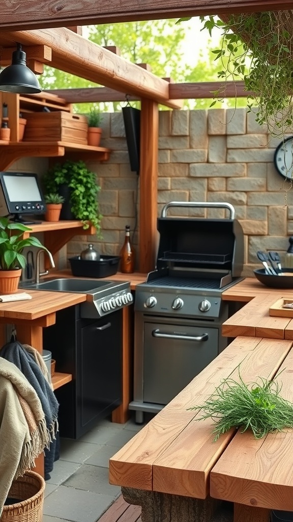 A rustic outdoor kitchen with wooden shelves, a grill, and potted plants.