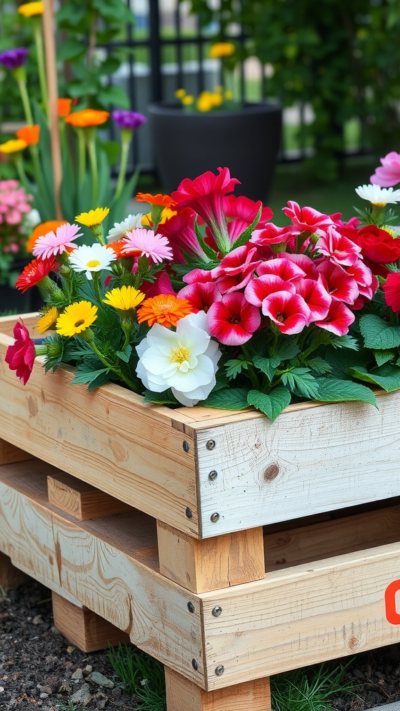 A rustic pallet planter box filled with colorful flowers, showcasing a vibrant garden display.