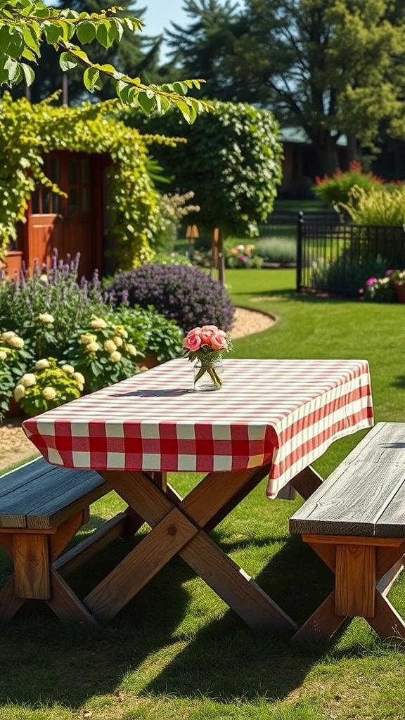 A rustic picnic area with a wooden table covered in a red and white checkered tablecloth, surrounded by greenery and flowers.