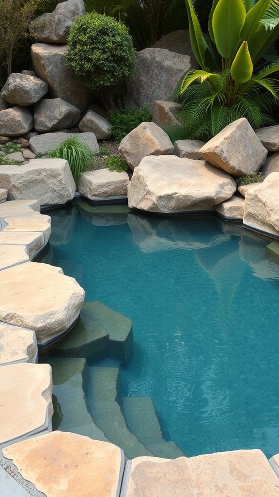 A rustic stone pool surrounded by natural elements like large rocks and lush greenery.