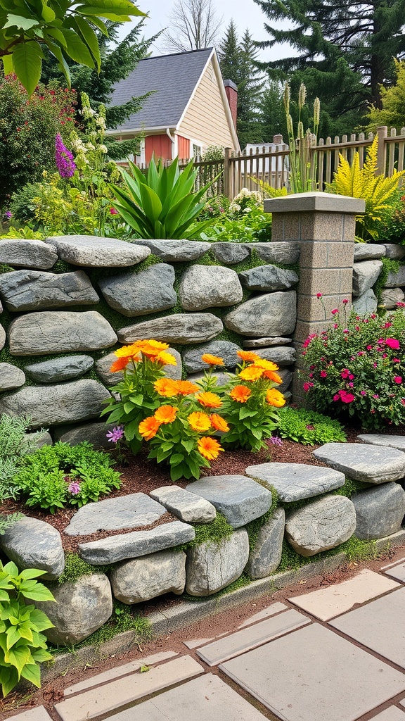 A rustic stone wall with colorful flowers and lush greenery.