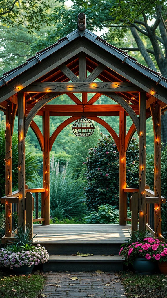 A rustic wooden gazebo adorned with twinkling lights, surrounded by lush greenery and colorful flowers.