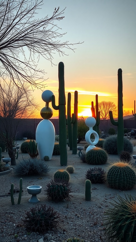 Sculptural desert garden with various cacti and artistic sculptures at sunset.