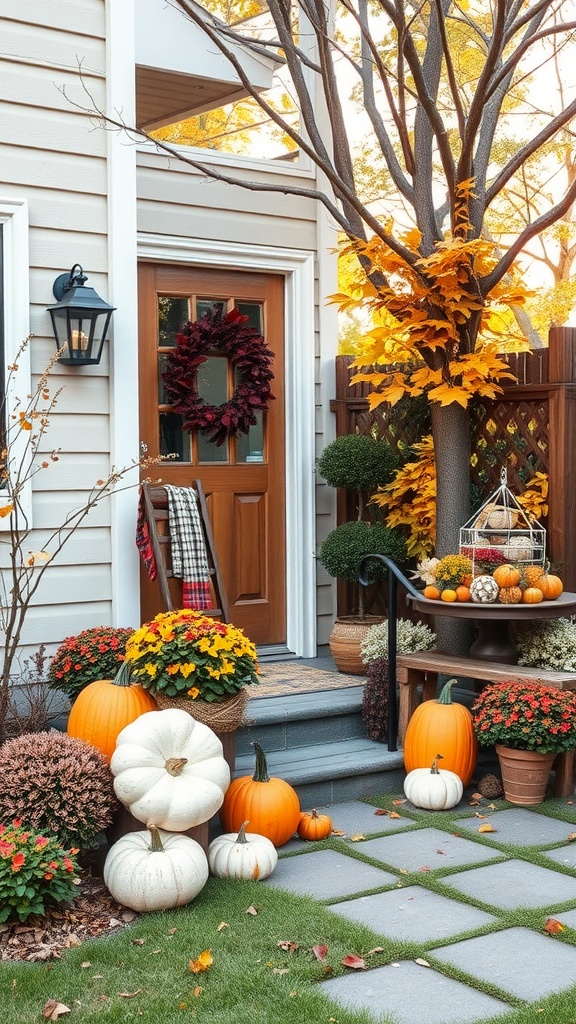 A cozy backyard entrance decorated with pumpkins, colorful flowers, and a welcoming wreath for autumn.