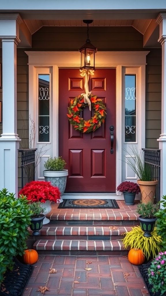 Front entrance with red door, seasonal wreath, potted plants, and pumpkins.