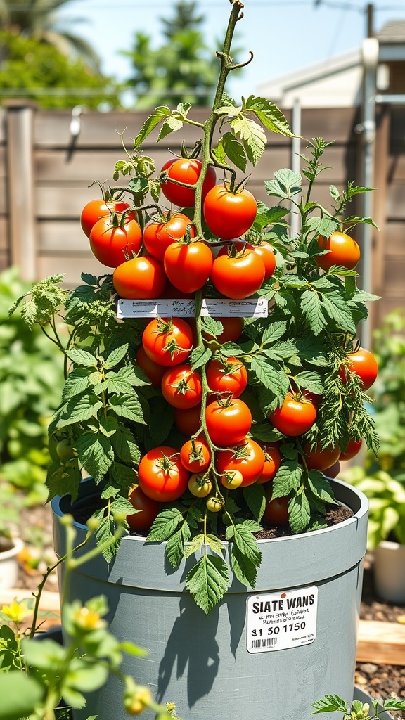 A thriving tomato plant in a self-watering container, showcasing a variety of ripe tomatoes.