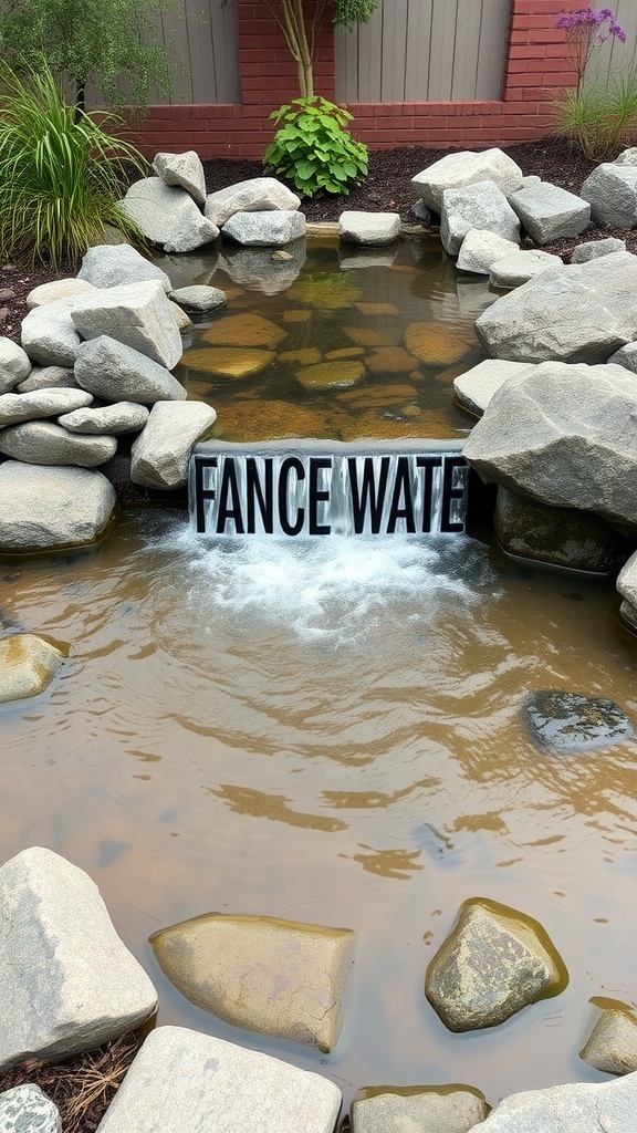 A serene water feature in a backyard, featuring a small pond with a rock waterfall surrounded by smooth stones and lush greenery.