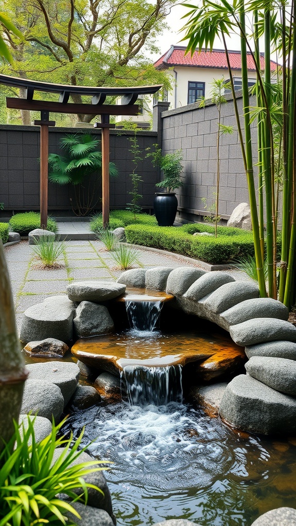 A serene Japanese garden featuring a Shishi Odoshi with flowing water and lush greenery.