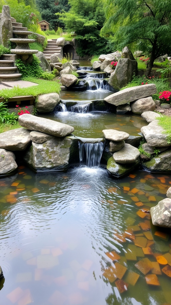 A serene landscape featuring a waterfall and pond surrounded by rocks and greenery.