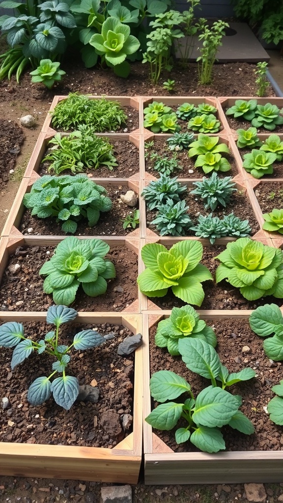 A raised garden bed with a square foot gardening layout, showcasing various plants like lettuce, herbs, and leafy greens.