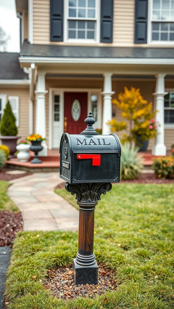 A stylish black mailbox on a decorative pedestal in front of a home.