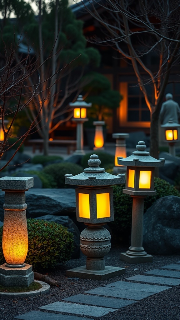 Stone lanterns with warm light glowing in a Japanese garden setting.